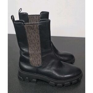 Michael Michael Kors Black Leather Logo Panel Ridley Chelsea Lug Boots Women 5M
